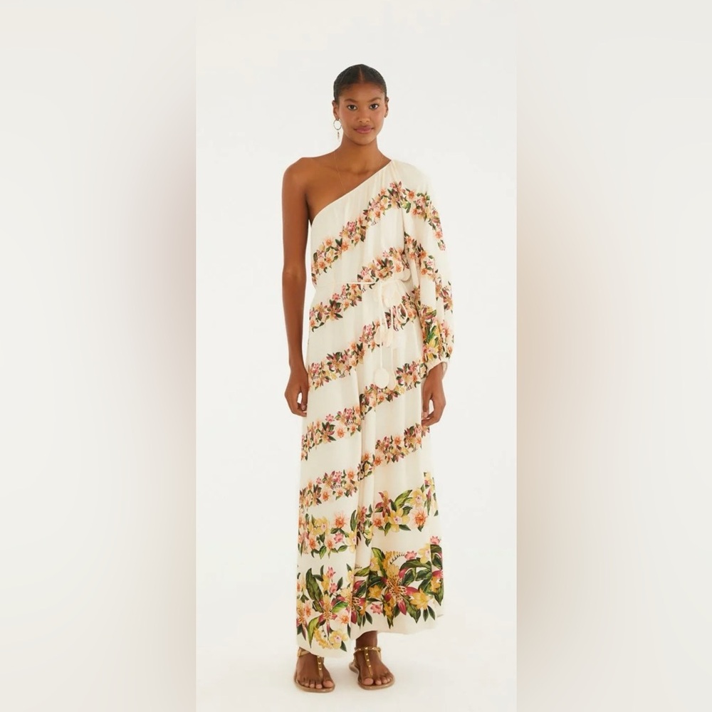 Farm Rio One-Shoulder Floral Maxi Dress in Cream NWT